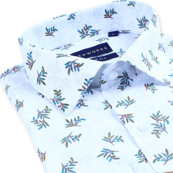 White Floral Poplin Printed Shirt in Leaves